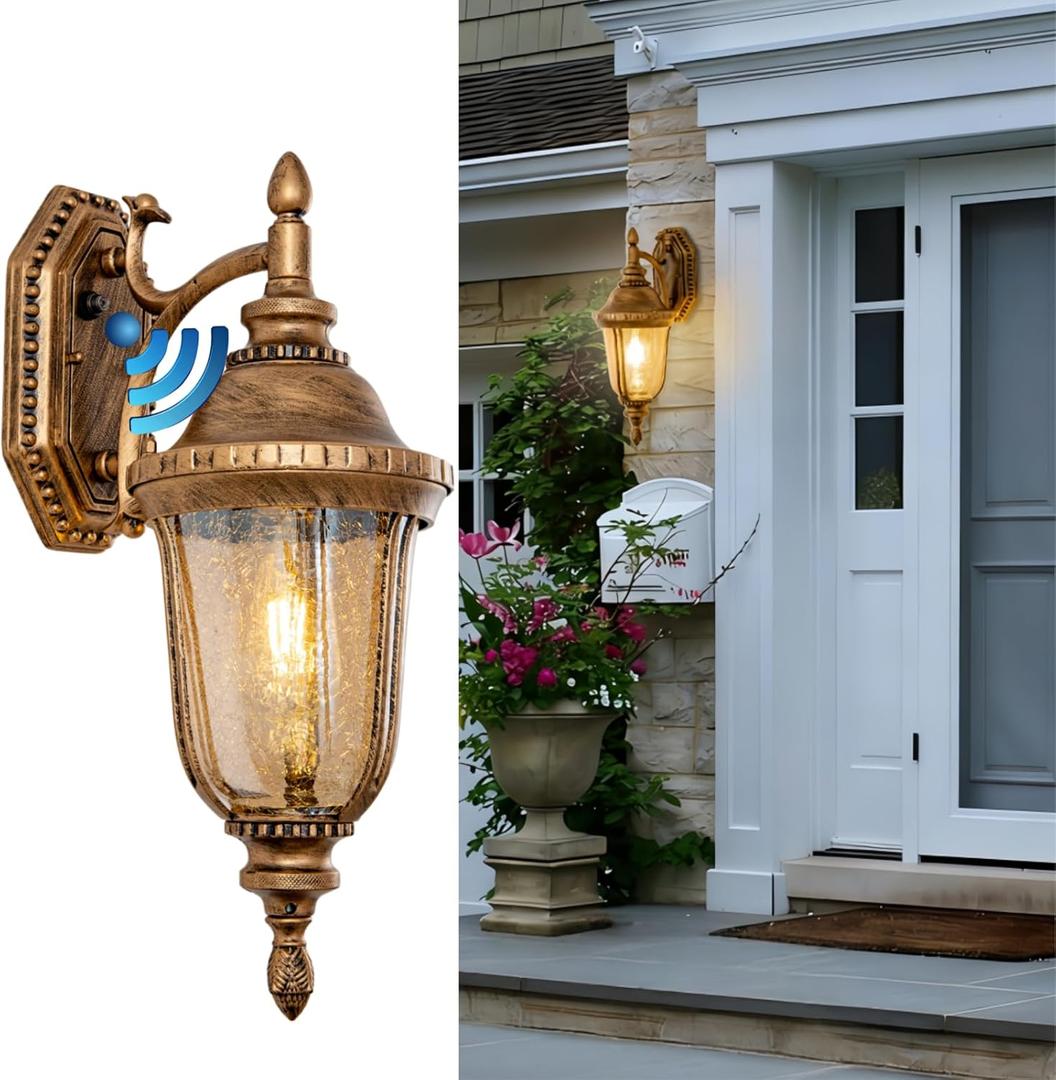 Dusk to Dawn Sensor Outdoor Light Fixtures 18.6" Gold Waterproof Wall Mount Lantern Exterior Sconce Porch Lights with Cracked Glass for Yard Front Door Garage Doorway Balcony Patio