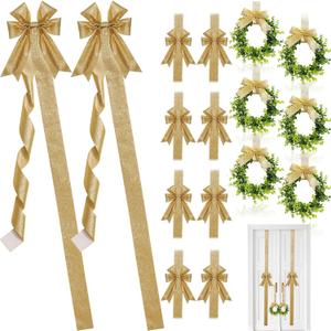 Yinkin 16 Pcs Christmas Door Cabinet Bows with Wreaths Set 10 Large Cabinet Bows 6 Mini Hanging Garlands Front Christmas Door Decorations Xmas Hanging Ornaments for Party Supplies (Champagne Gold)