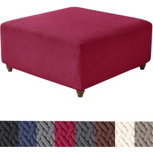 HFCNMY Stretch Knitted Jacquard Ottoman Cover - Thick Washable Slipcover for Square Storage Ottoman With Elastic Bottom - Red Medium