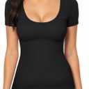 MANGOPOP Women's Scoop Neck Slim Fitted Short Sleeve Double Lined T Shirt Tight Basic Tops Y2K Tee (Black) Medium