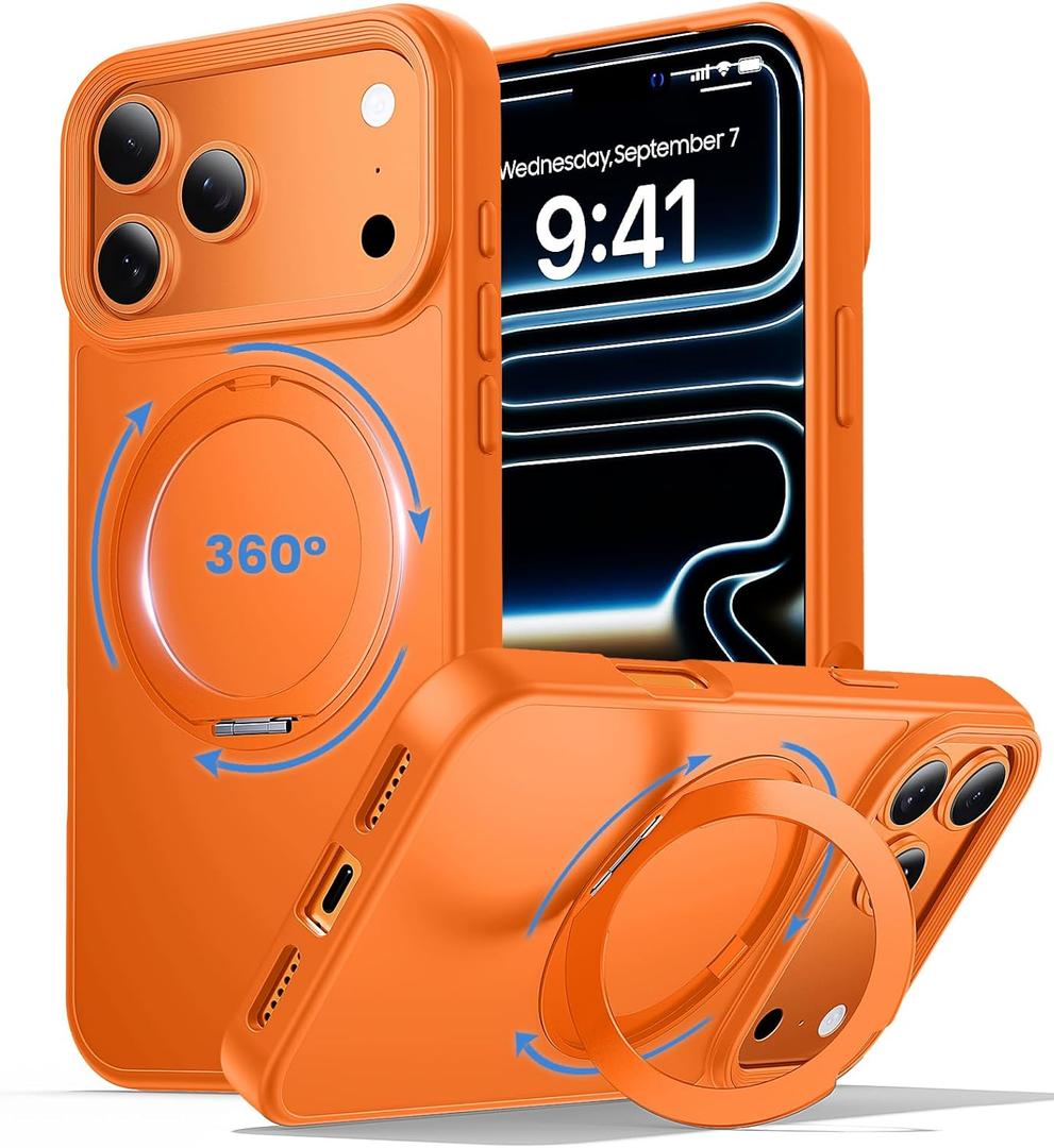 360 Magnetic Stand for iPhone 17 Pro Max Case,Fits MagSafe,Military Drop Protection,Build in Kickstand, Slim Shockproof Phone Cover for iPhone 17 Pro Max 6.9"(Matte Orange)
