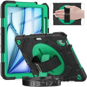 Timecity Case for iPad Air 11 Inch M4 2026/ M3 2025/ M2 2024 (Air 7th/ 6th Generation), Heavy Duty Shockproof Protective Case with Screen Protector, Rotating Stand and Hand/Shoulder Strap, Green