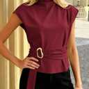 PRETTYGARDEN Women Blouses Spring Dressy Cap Sleeve Mock Neck Work Shirts Buckle Tunic Summer Business Casual Tops 2026 (Red, S)