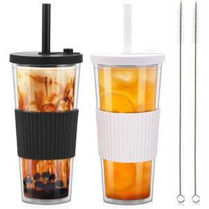 2 Pack Reusable Boba Tea Cups, 24oz Iced Coffee Cup with Straw and Lid, Leakproof Clear Plastic Cups Tumbler, Double Wall Insulated Smoothie Tumbler, Wide Straw for Bubble Tea, Black and White