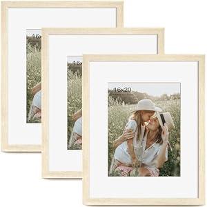 Momentworth 16x20 Picture Frame with Mat for 11x14 Set of 3, Natural Wood Grain 16x20 Frames for Wall Mounting (3 Pack, Natural)
