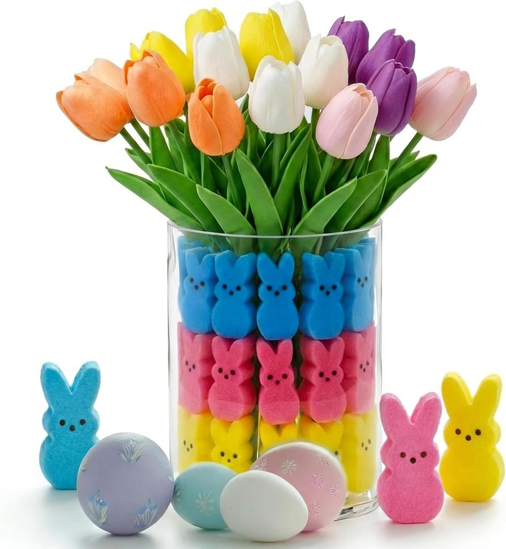 Easter Decorations,15pcs Artificial Tulips with 45pcs Bunny Vase Filler Kit, Ideal Easter Decorations for Spring Home Kitchen Table Centerpiece