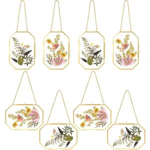 Spiareal 8 Pcs Octagon Glass Pressed Flower Frame 5 x 7 inches Double Clear Hanging Floating Frame with Chain Gold Geometric Herbarium Glass wall Picture for Dried Flower Plants Home DIY Wall Decor