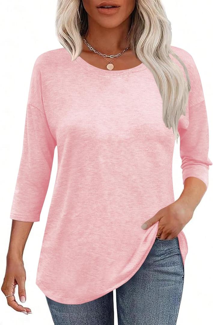 Kancystore Womens 3/4 Length Sleeve Tops Casual Loose Fit Tunic Shirts Crewneck Basic Tees (Pink, XXL)