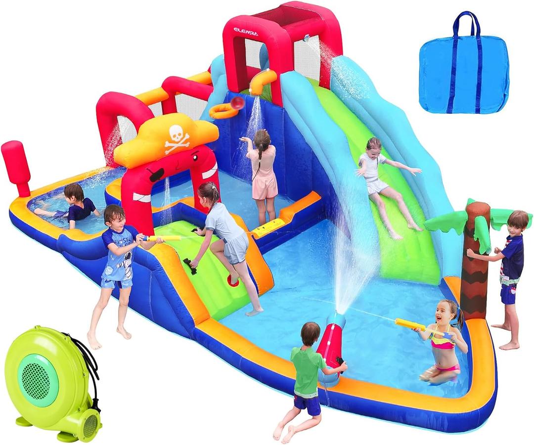 ELEMARA Inflatable Water Slide Bounce House, 10 in 1 Inflatable Water Park with Blower, 2 Slides & 2 Climbing Walls & 2 Water Guns, Deep Pool Giant Splash Pool, Water Slides for Kids Backyard for 6 (Dark Blue)