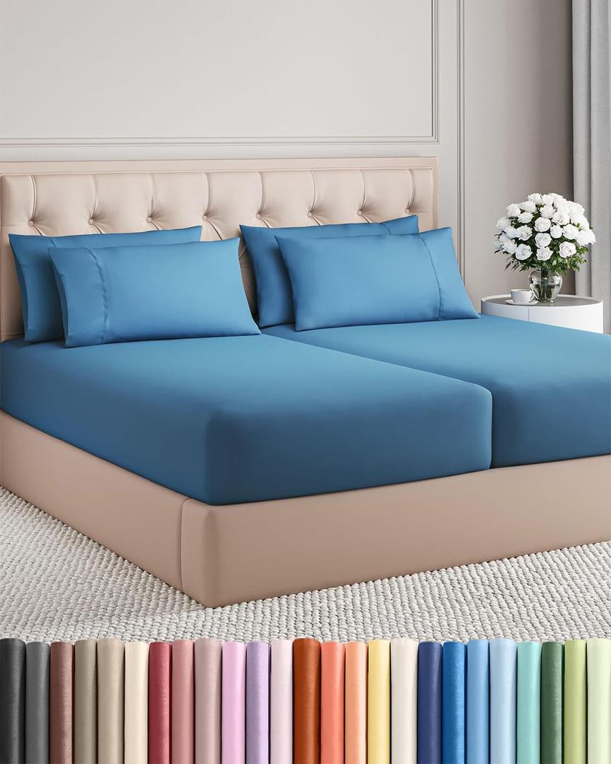 Split King 7 Piece Sheet Set - Comfy Breathable & Cooling - Soft Hotel Luxury Bedding Set with 8-16 Inch Deep Pockets - 1 Flat & 2 Fitted Sheet & 4 Pillowcases - Wrinkle Free & Easy Care - Denim Blue