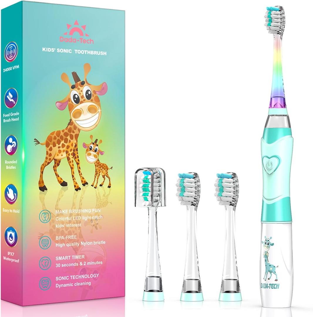 Kids Electric Toothbrush Toddler Toothbrush Age 2-4-8-12 Electric Toothbrush Kids with Timer Rainbow LED Light Up Vibrating Toothbrush Battery Operated Children's Sonic Tooth Brush (Green Giraffe)
