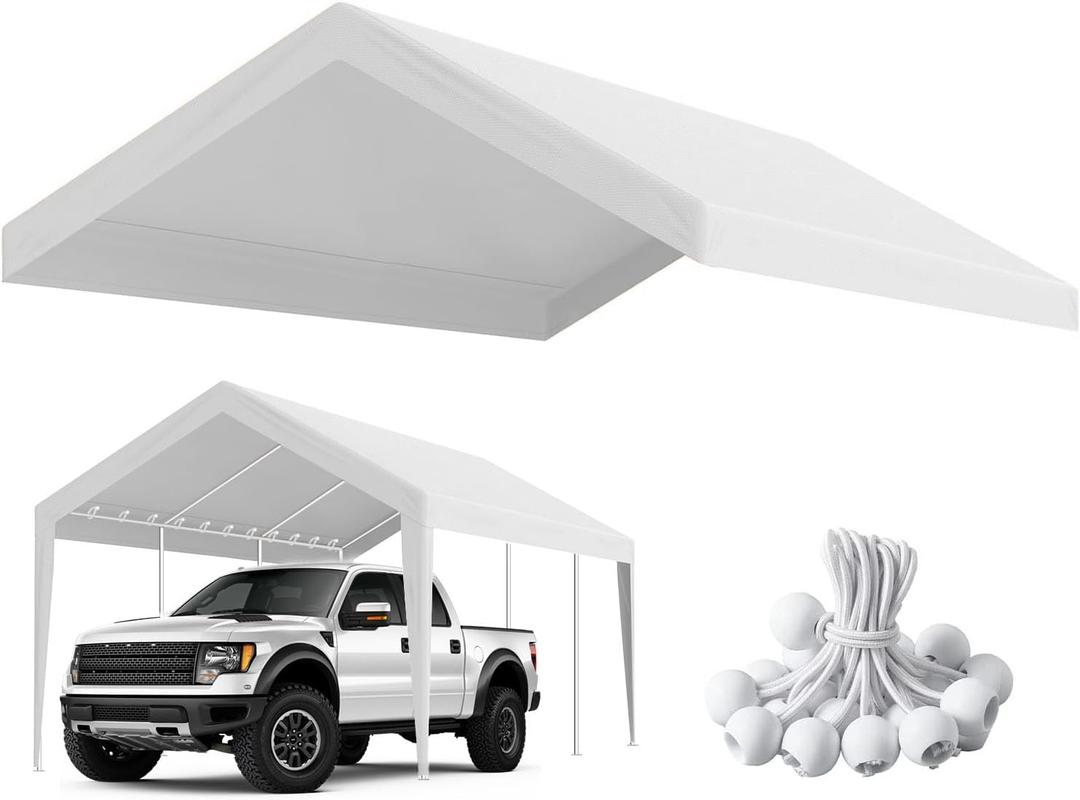 10'x20' Canopy Replacement Cover, Beefull Carport Replacement Canopy for Car Garage, Waterproof & UV Protected Tarp with Ball Bungees, White (Frame is not Included)