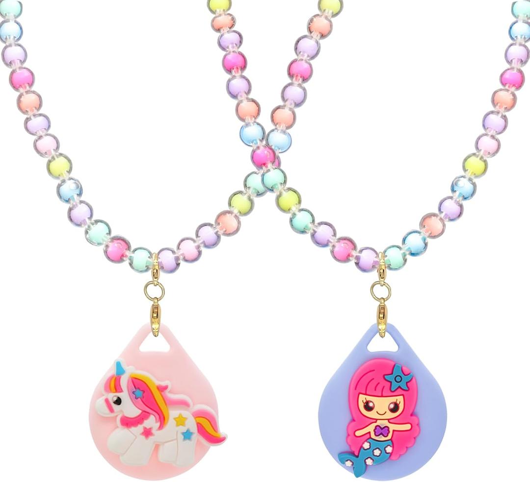 2 Pack Kids Necklace Holder for Airtag, Cute Mermaid Beaded Necklace Case for Girls