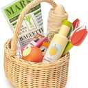 Tender Leaf Toys - Wicker Shopping Basket - Handcrafted Rattan Basket with Handle - Wooden Picnic Basket Playset, Supermarket Shopping Game, 15 Pcs Pretend Play Food Set - Age 3+