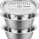 3 Pcs Multifunctional Stainless Steel Grater Bowl Set, 30 cm/11.8 in Large Mixing Basin, Colander for Kitchen Food Prep, Versatile Grater Lid, Induction Cooktop Compatible