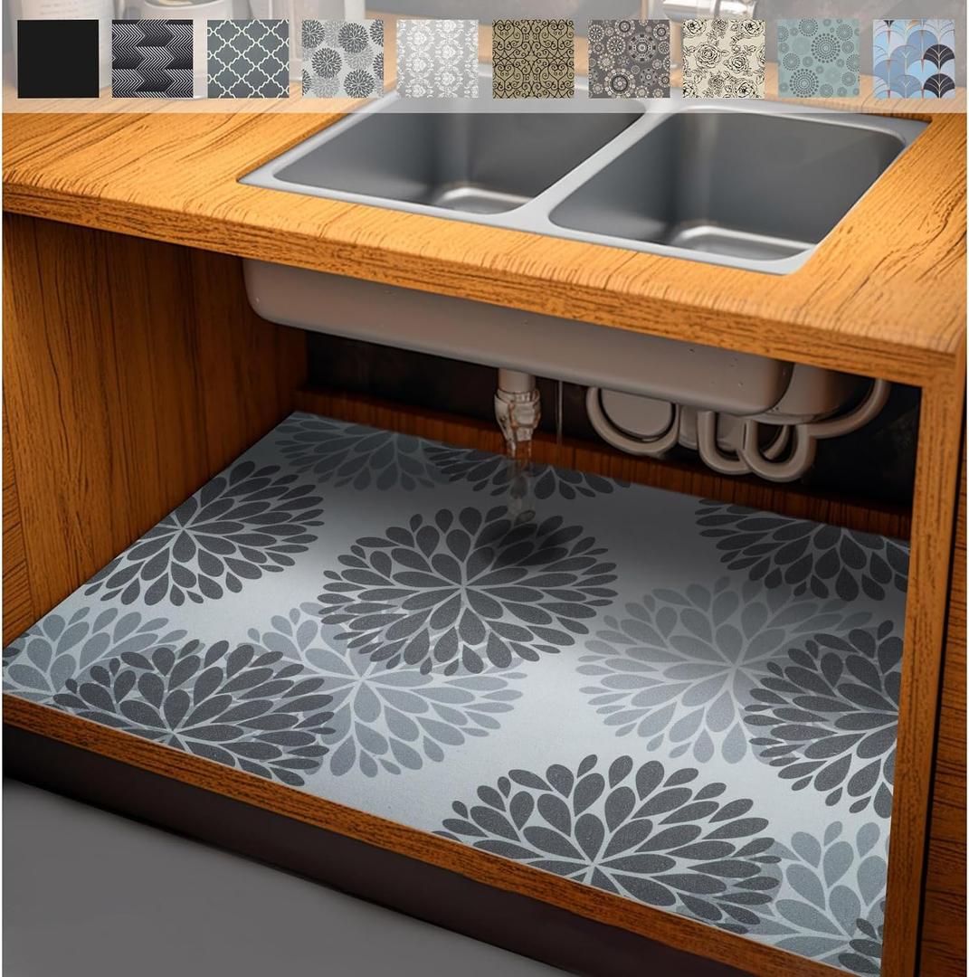 AiBOB Waterproof Under Sink Mat, Absorbent Quick Dry Sink Liners Protect Cabinets, Durable Shelf Liners, Slip Resistant and Non-Adhesive, 24X68, Grey/Flower