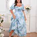 Women's Plus Size Floral Maxi Dress Puff Sleeves Cottagecore Corset Dresses Flowy Smocked Formal Casual Party Wear (Large, Blue)