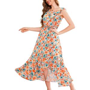 Aupuls Womens High Low Floral Maxi Dress V Neck Spring Ruffle Beach Summer Wedding Guest Dress (Small)