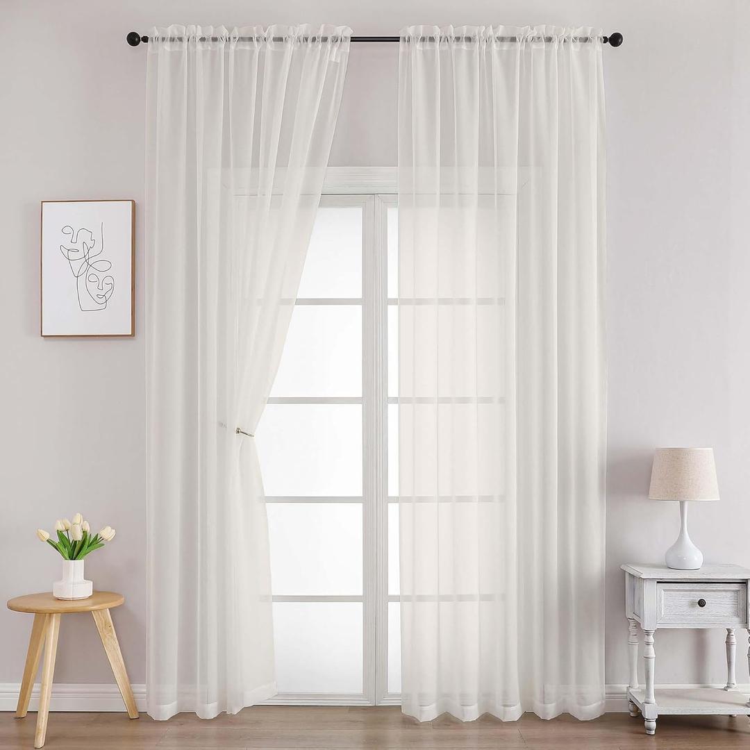 Chyhomenyc Ivory Sheer Curtains 96 Inches Long 2 Panels, Light Filtering Ivory Curtains for Living Room, Soft Gentle Voile Rod Pocket Bedroom Window Drapes, 59Wx96L Inch, 2PCS