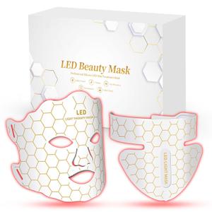 Yahi Red Light Photon Facial & Neck Mask with Remote Control, 7 Custom Modes with Infrared, Portable & Rechargeable with Timer for Home Use, 175 High-Density Light Beads, White