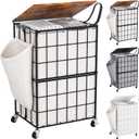 90L Laundry Basket with Wheels, Large Capacity Laundry Hamper with Removable Liner Bags, Heavy Duty Laundry Sorter with Solid Wood Lid & Leather Handles, Beige