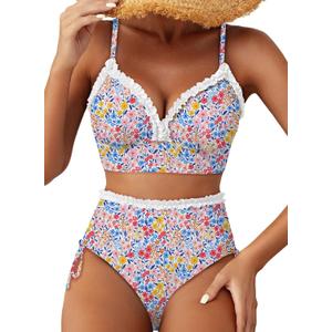 Herseas Women's Splice Ruffle Trim Bikini Sets Tie Side Swimsuits High Waisted Bathing Suits (L)
