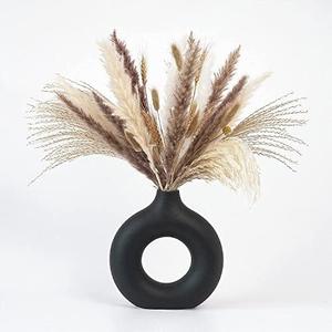CEMABT Black Donut Vase Hollow Ceramic Vase for Flowers Handmade Minimalist Boho ins Style Modern Home Decor for Wedding Dinner Table Party Living Room Office Bedroom（M)