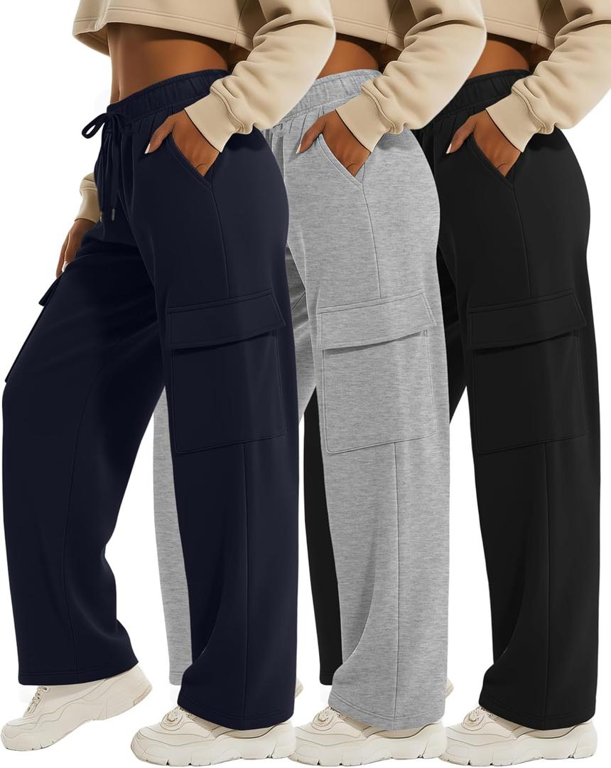 3 Pack Women's Cargo Sweatpants Wide Leg Baggy Elastic Drawstring Pants Casual Athletic Joggers with 4 Pockets (X-Large, Navy Blue, Light Mixed Gray, Black)