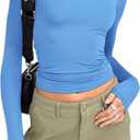Women's Long Sleeve Crop Top Fitted Basic Tee Underscrub Y2K Shirt (Blue, L)