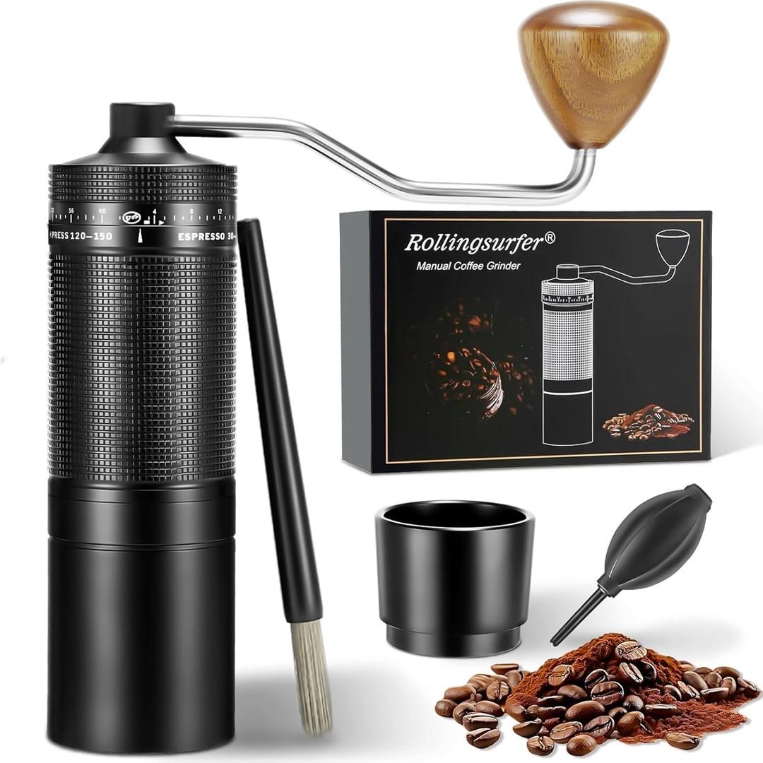 Manual Coffee Grinder - External Adjustable Coarseness Setting, Portable Hand Crank Mill for Travel, Office, Home Use - Gift for Coffee Lovers (CNC Stainless Steel, 20g)