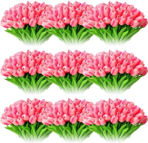 Jexine 100 Pcs Artificial Real Tulips Fake Artificial Tulip Flower Bulk Bouquet with Stem for Table Centerpieces Wedding Bridal Easter Mother's Day Garden Home Decor, 13.4''(Purple Rose)