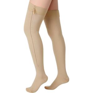 Sosation Thigh High Zipper Compression Socks 20-30 mmHg Zipper Compression Stockings Thigh High for Women Men Swelling Edema (Beige,Large)