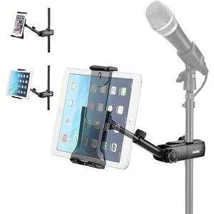Moukey Tablet Holder for Microphone Stand, Adjustable Mic Music Stand Phone Holder Mount, Compatible with iPad, iPhone, Android, All 4.7 to 12.9 Inches Tablets & Smartphones