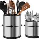 Extra Large Utensil Holder for Kitchen Counter, 360Rotating Cooking Utensils Holder for Countertop, Stainless Steel Utensil Crock for Spatula,Spoon, 3 Compartment Metal Silverware Crocks for Flatware