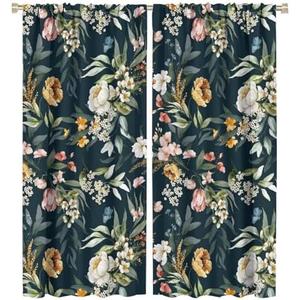 SHElifestyle Black Floral Boho Curtains, Vintage Retro Wildflower Window Treatments for Living Room Watercolor Colorful Leaves England Gardern Window Drapes for Woman Bedroom Kitchen 42x45in