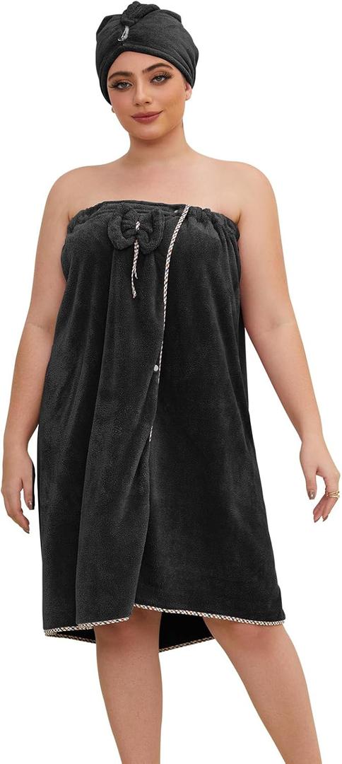 GOSCHE Towel Wrap for Women Plus Size with Hair Towel Wrap, Spa Shower Wrap Towel, Adjustable Closure Bath Wrap Oversized Towel, Black