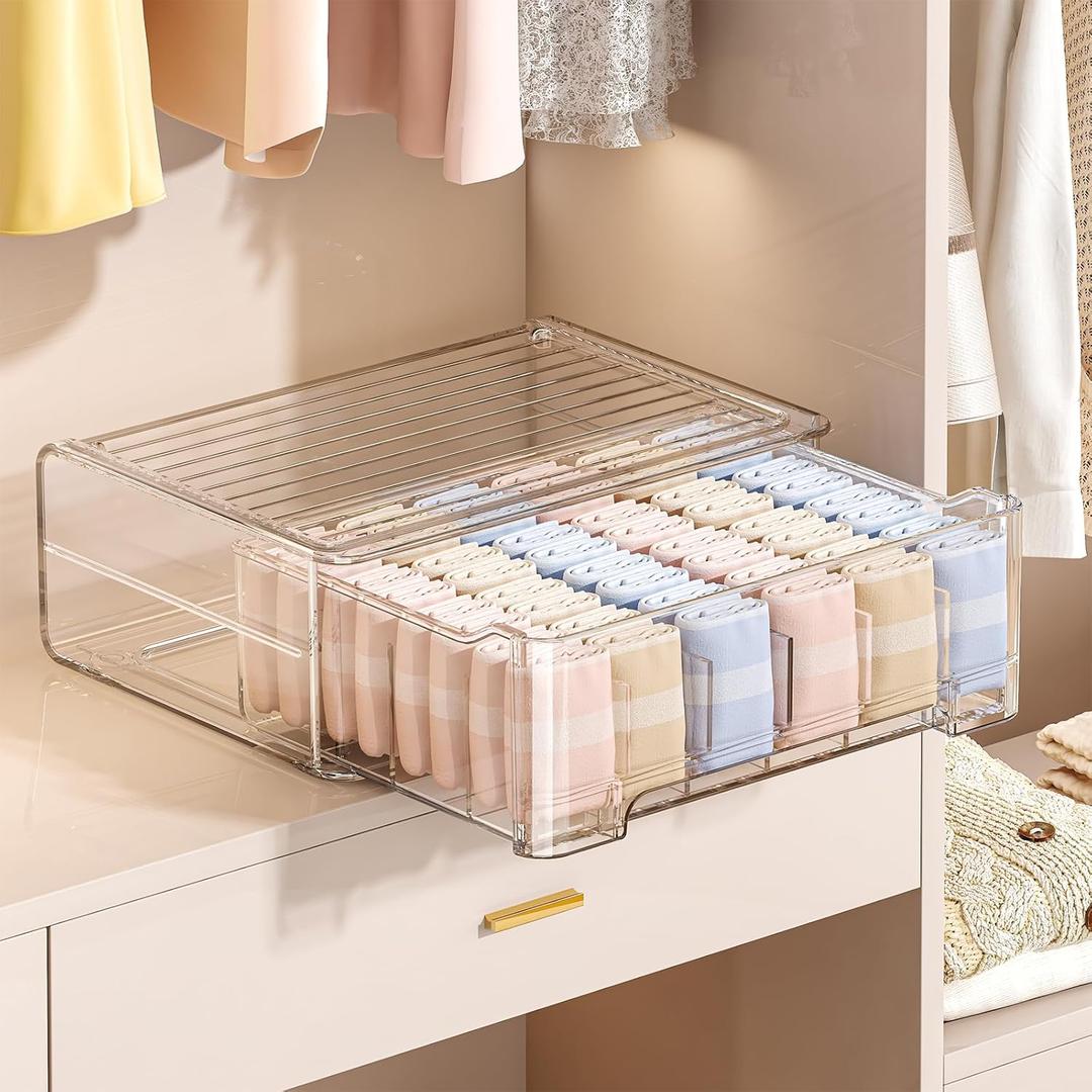 Underwear Drawer Organizer with Dividers, 24 Cell Stackable Sock Organizer for Closet, Plastic Underwear Storage Drawer for Closet, Bra Organizer for Baby Clothes, Panties, Belts, Ties, Scarf (Clear)