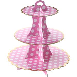 Honeydak 3 Tier Pink Polka Dot Party Cupcake Stand Decorations Pink and White Dots Theme Cupcake Holder Decorations Dessert Tower for Mouse Party Birthday Supplies