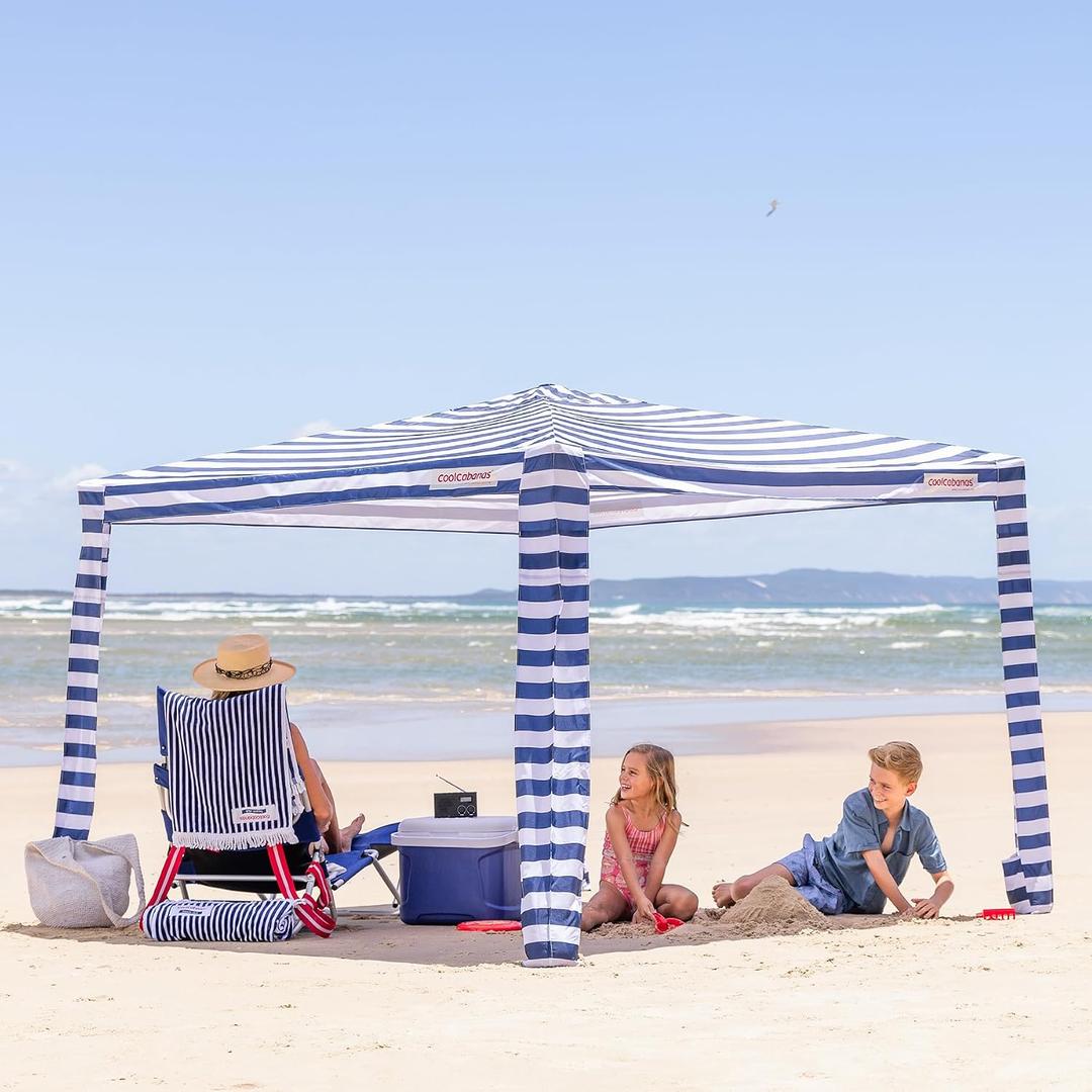 CoolCabana Beach Shade Tent - Easy Setup, UPF 50+ Protection, Large & Medium Sizes, Compact & Wind Resistant - Beach Cabana for The Whole Family - Navy Stripes, Medium, 43ft2 - 6’6” x 6’6”