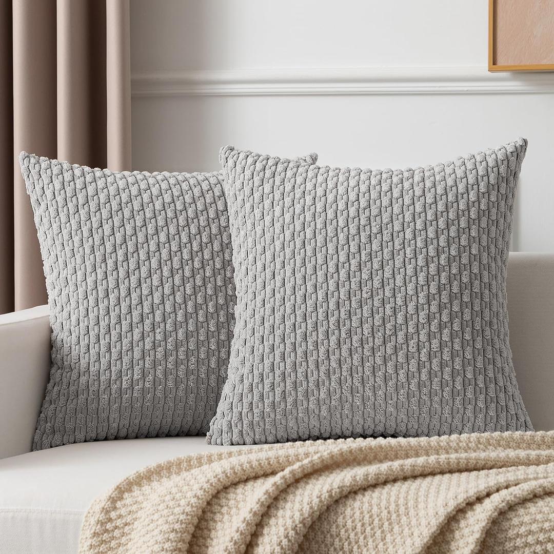 Kevin Textile Decorative Throw Pillow Covers Corduroy Square Boho Cushion Cover with Stripes Cases for Bedroom Sofa Living Room Couch Set of 2 18x18 Inch Light Grey