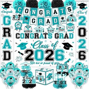 Teal Graduation Decorations 2026 - Graduation Party Supplies Kit with Congrats Grad Backdrop,Banner,Hanging Swirls,Balloons Teal Congrats Grad Decorations for Class of 2026 Party