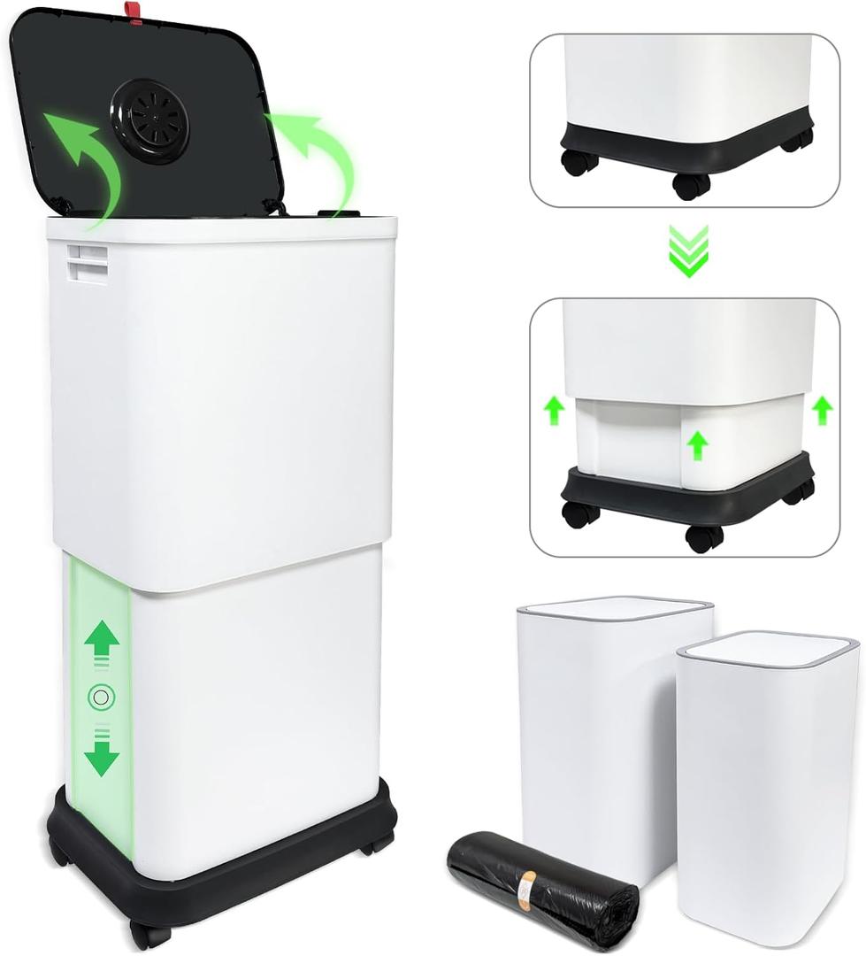 Gintan 13 Gallon Trash Can with Lid, 25-45 L Altitude Variable Bin, Garbage Can with Wheels for Kitchen, Bathroom, Bedroom, Office, Two Space-Saving Small Waste Bin and Garbage Bag (Big White)