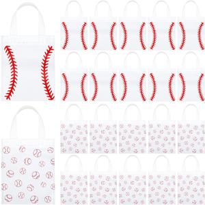 Sweetude 24 Pcs Baseball Non Woven Snack Bags White Baseball Treat Goodies Candy Bags with Handle, Sport Theme Party Favor Bag for Team, Party Decorations Supplies for Player, 7.9 x 9.9 Inch