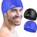 2 Pack Silicone Swim Cap for Men Women, Unisex Adult Swimming Caps for Short/Long Hair to Keep Hair Dry, Waterproof Bathing Caps for Swimming with Ear Plugs & Nose Clip Set (Black&Purple)
