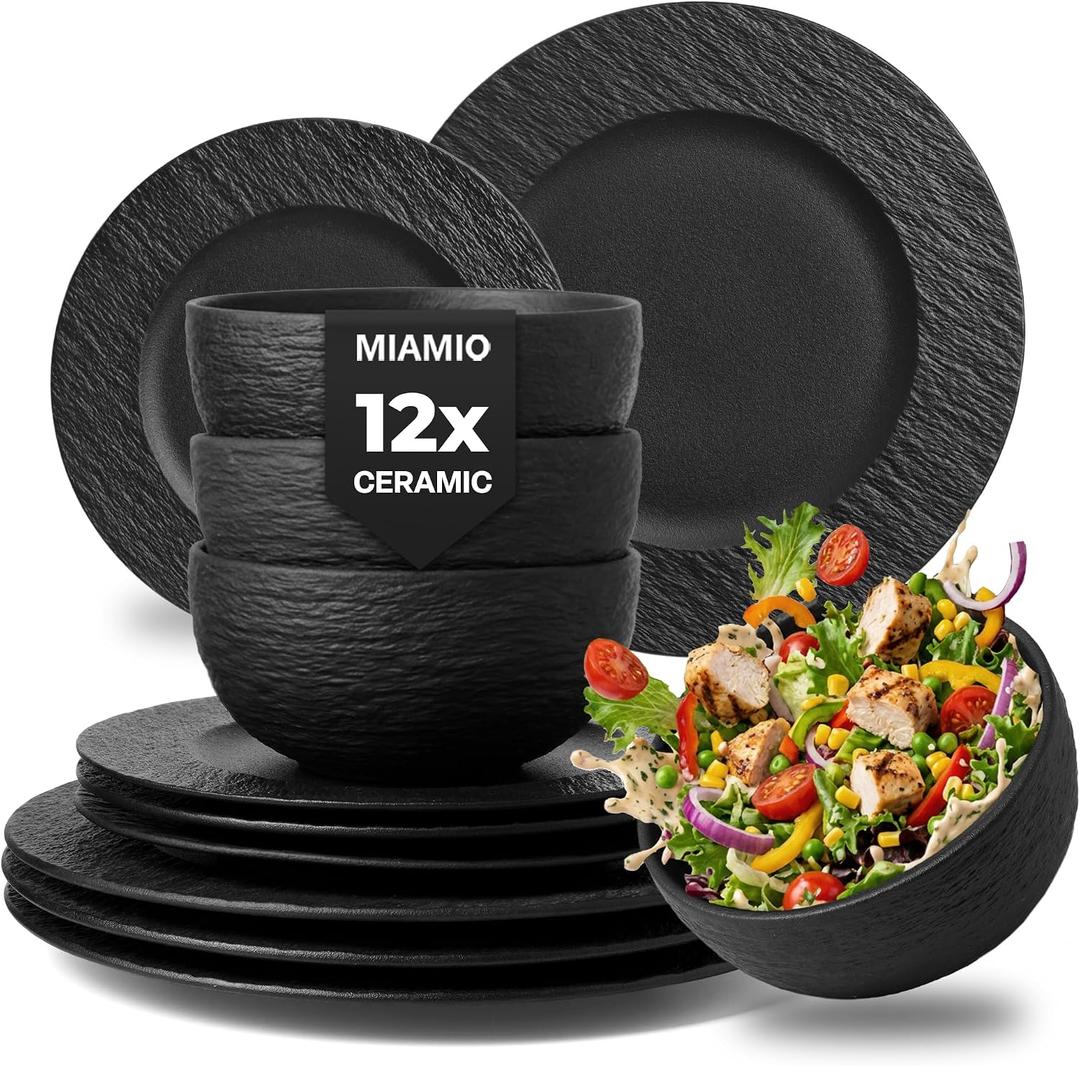 MIAMIO - Stoneware Dinnerware Set of 12, Plates & Bowls - Oasis (Black)
Modern dinnerware set with 4 dinner plates, 4 breakfast plates and 4 bowls in stoneware for 4 people, dishwasher safe