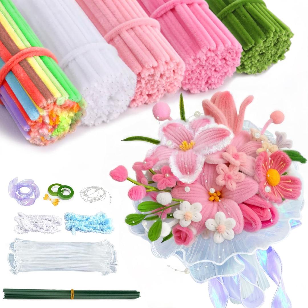 Pipe Cleaners, 500Pcs Creative Craft Flower Kit DIY Handmade Pipe Cleaners Bulk, Chenille Stems Supplies for Bouquet Festivals Gifts, Home Decorations