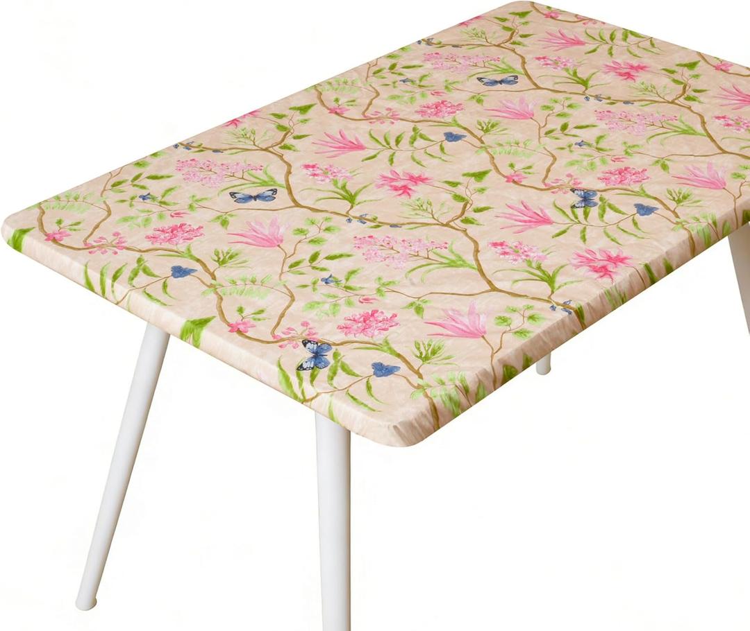 Rectangle Picnic Table Cloth, Elastic Waterproof Fitted Vinyl Tablecloths for 4 Foot Tables, Wipeable Flannel Backed Table Covers for Dining, Camping, Outdoor(Pink Flower,24"x48")