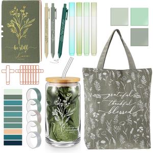 29 Pcs Bible Journaling Kit 16 oz Glass Cup Canvas Bag Leather Notebook Highlighters and Pens Sticky Note Tapes Bible Study Supplies for Mother's Day Teacher Women Nurse(Green, Boho)