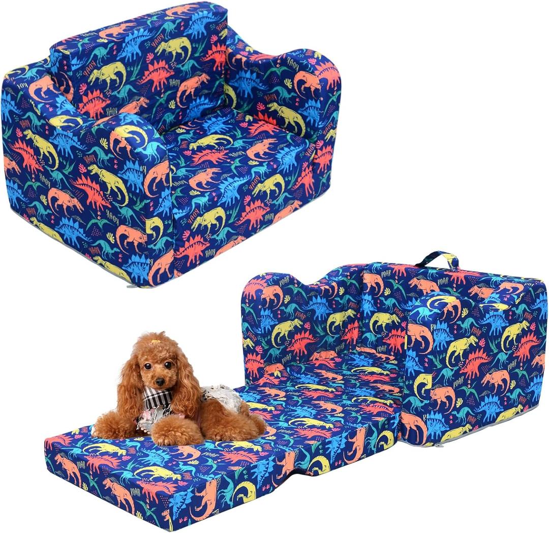 UOMNY Kids Couch, 2-in-1 Toddlers Couch,Toddlers Chair Folding,Boys Sofa for Playroom-Extra Soft, Children Chair Bed for Girl or Boy 1-Seat (Dinosaur)