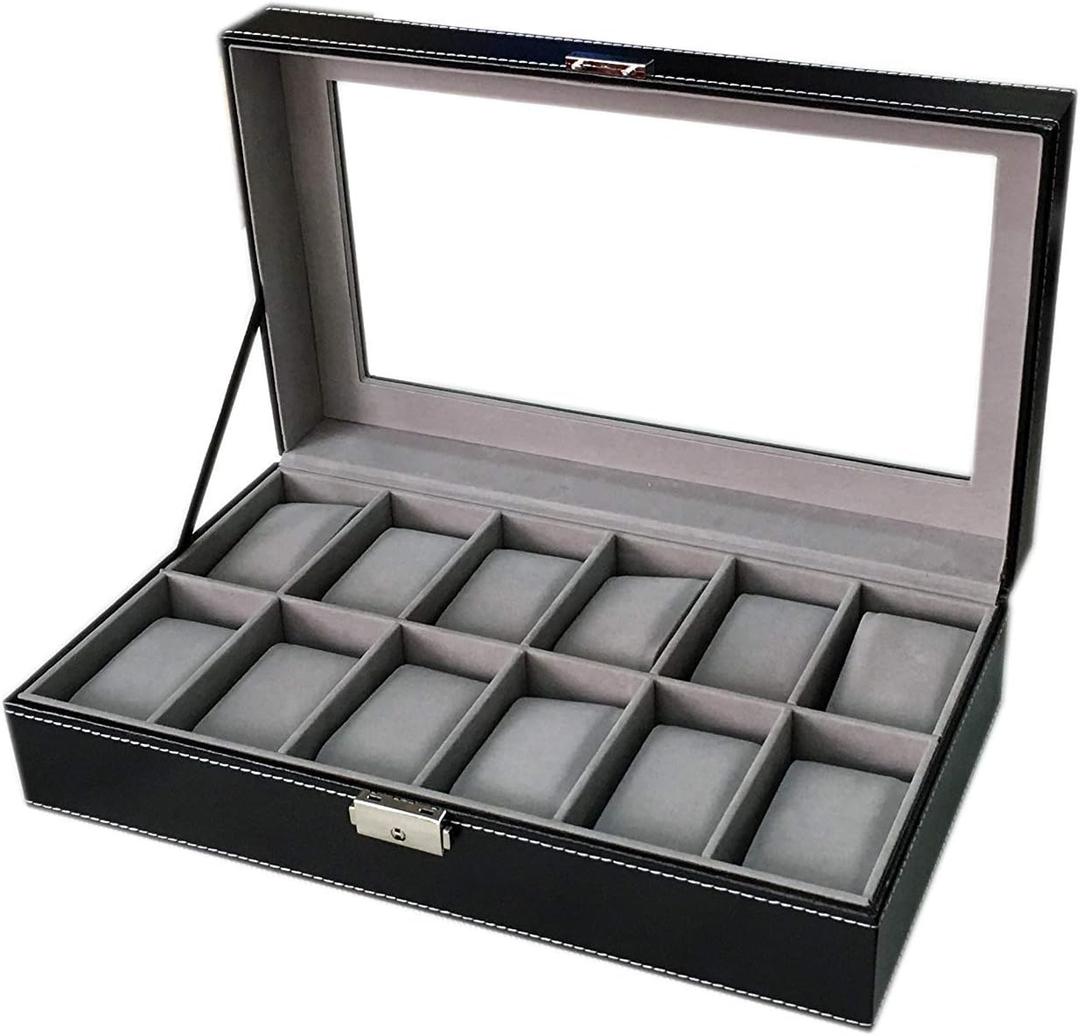 WBPU12-03 Watch Dislpay Box Organizer, Pu Leather with Glass Top, Large, Black
